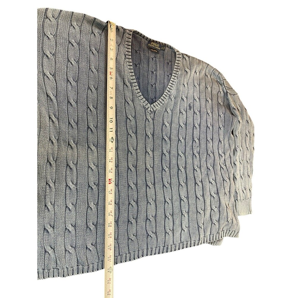 Polo Ralph Lauren Women’s Sweater L Distressed Blue Cable Knit V-Neck Preppy - Picture 4 of 11